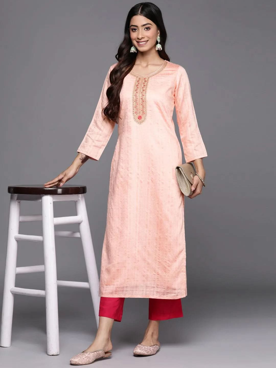 Peach Woven Design Rayon Straight Kurta - Libas 