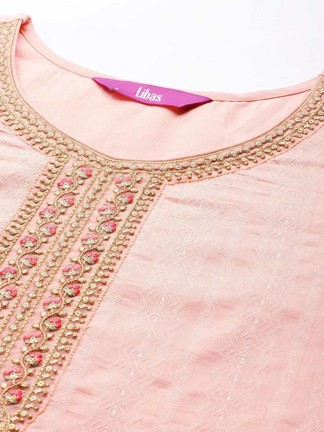 Peach Woven Design Rayon Straight Kurta - Libas