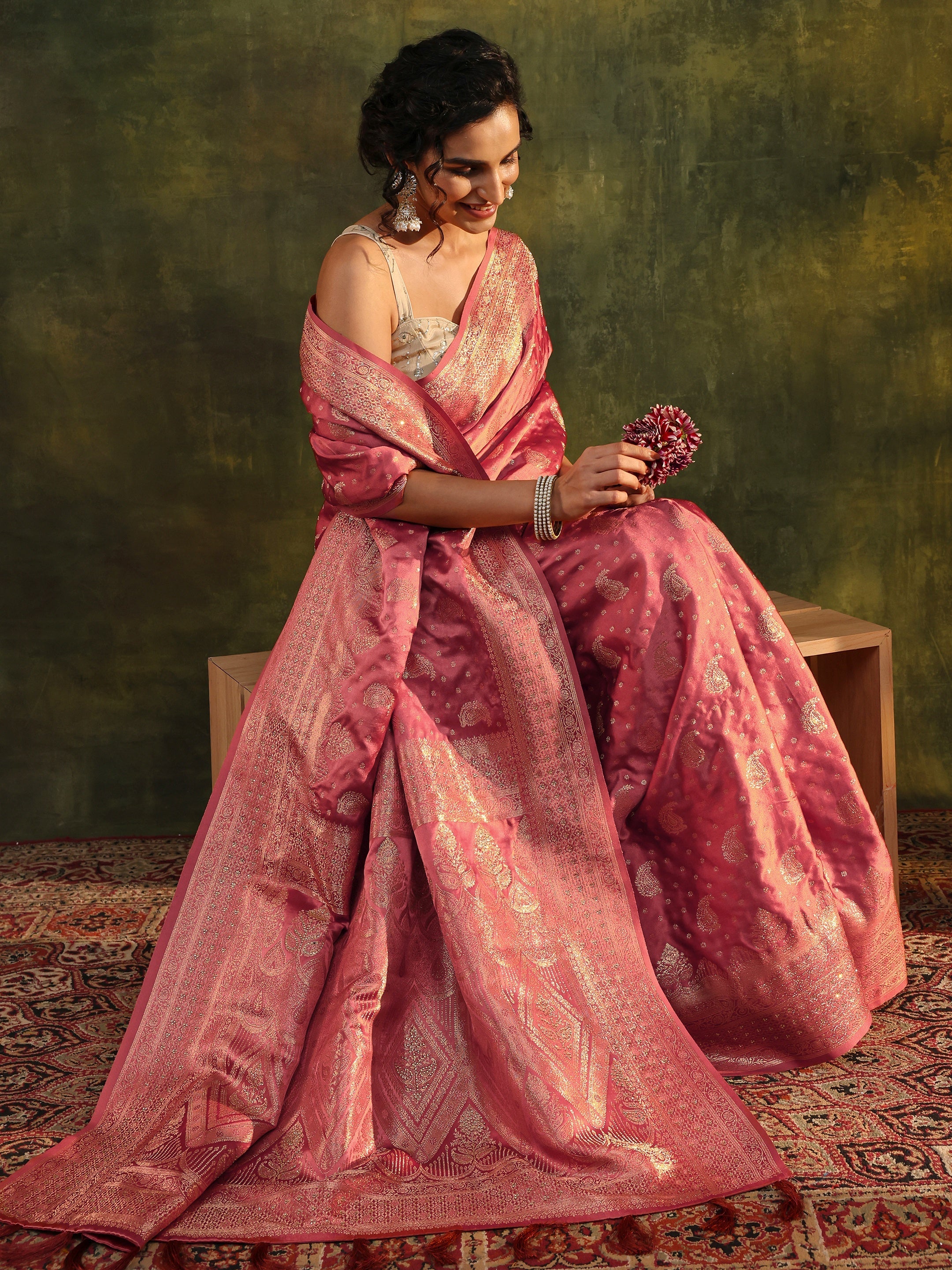 libas Peach Woven Design Satin Banarasi Saree With Unstitched Blouse Piece-picture-34