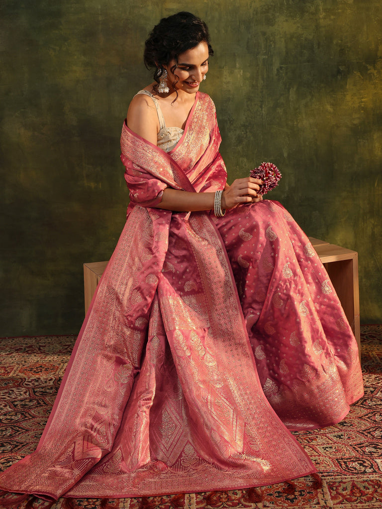 Libas Peach Woven Design Satin Banarasi Saree With Unstitched Blouse Piece