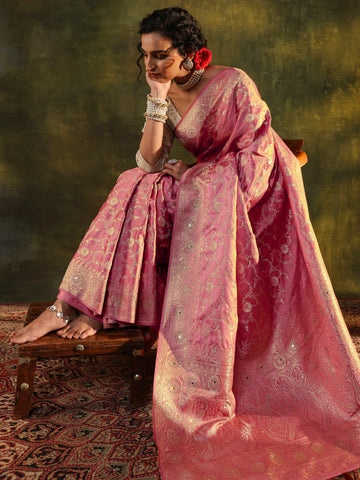 Libas Peach Woven Design Satin Banarasi Saree With Unstitched Blouse Piece
