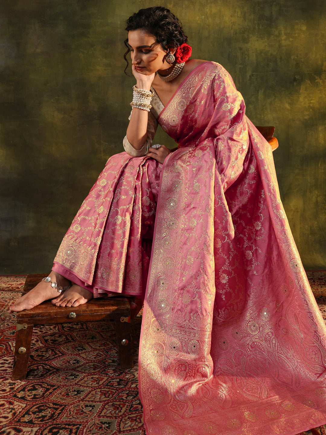 Peach Woven Design Satin Banarasi Saree With Unstitched Blouse Piece