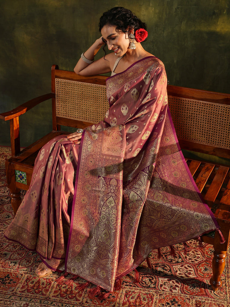 Libas Peach Woven Design Silk Blend Banarasi Saree With Unstitched Blouse Piece