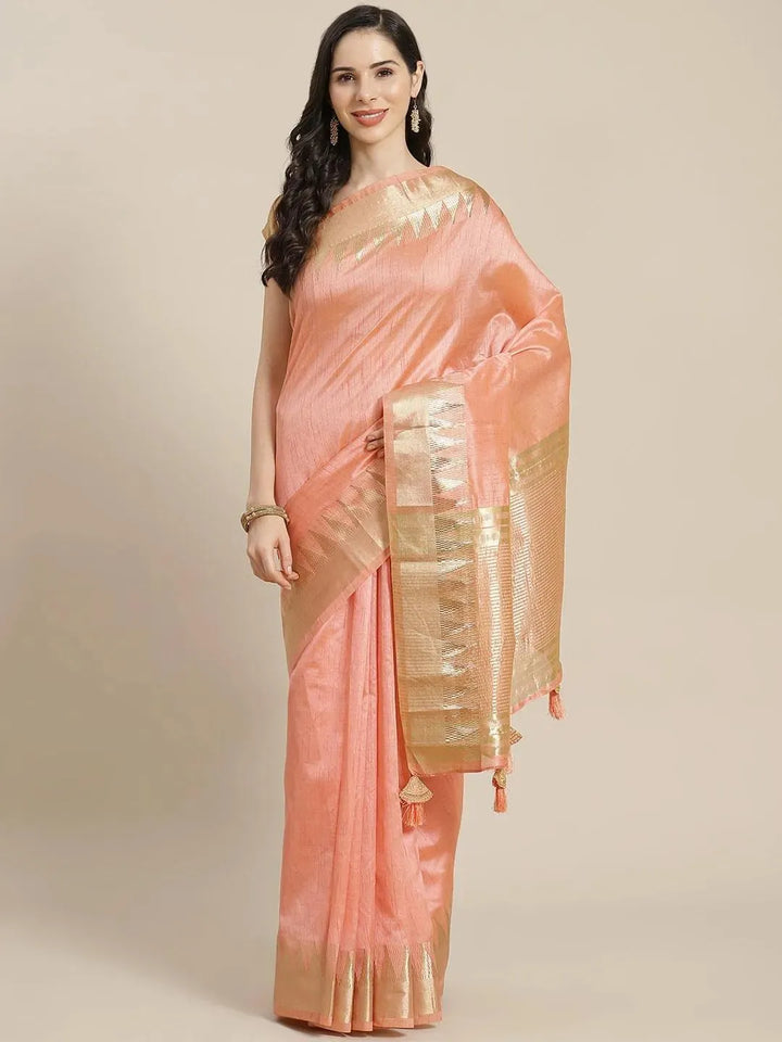 Peach Woven Design Silk Blend Saree - Libas