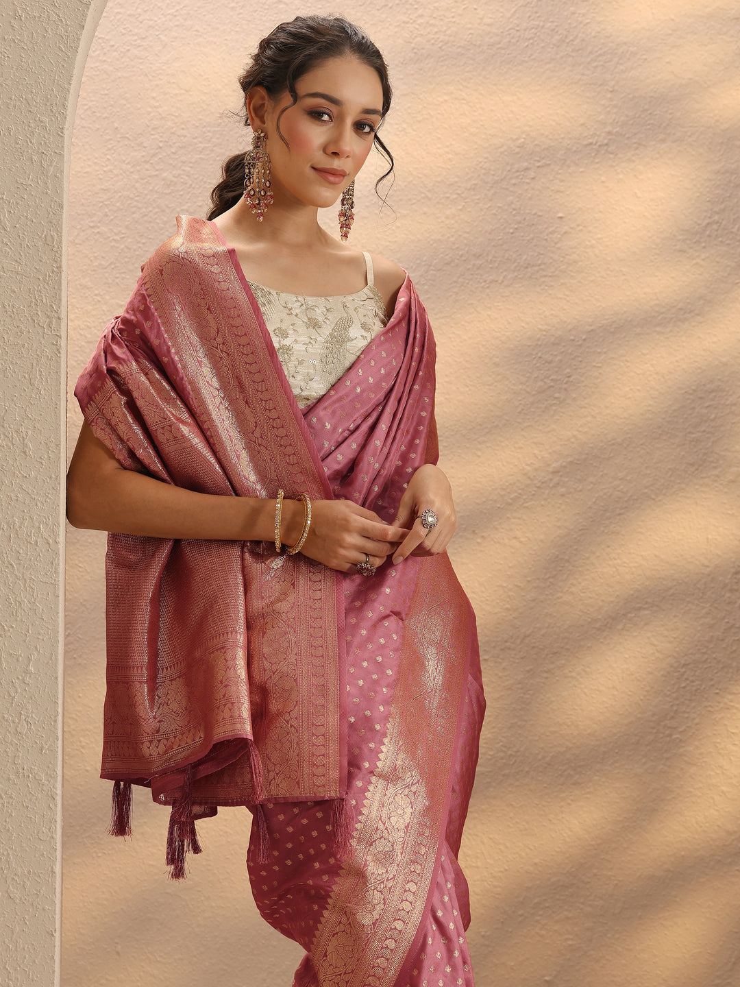  Peach Woven Design Silk Blend Saree With Unstitched Blouse Piece 