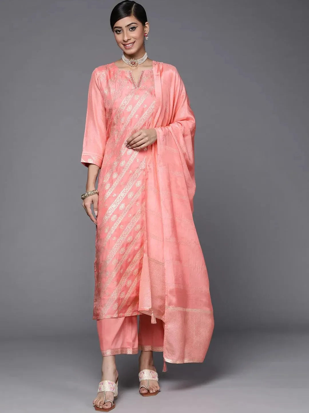 Peach Woven Design Silk Blend Straight Kurta With Palazzos & Dupatta - Libas