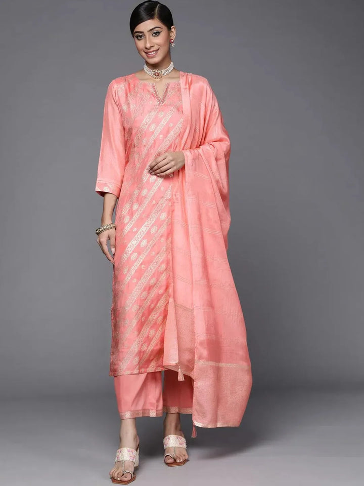 Peach Woven Design Silk Blend Straight Kurta With Palazzos & Dupatta - Libas