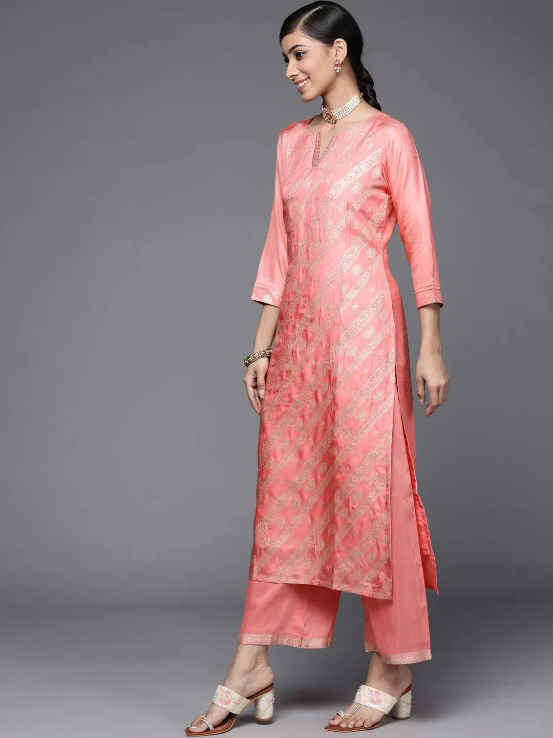 Peach Woven Design Silk Blend Straight Kurta With Palazzos & Dupatta - Libas 