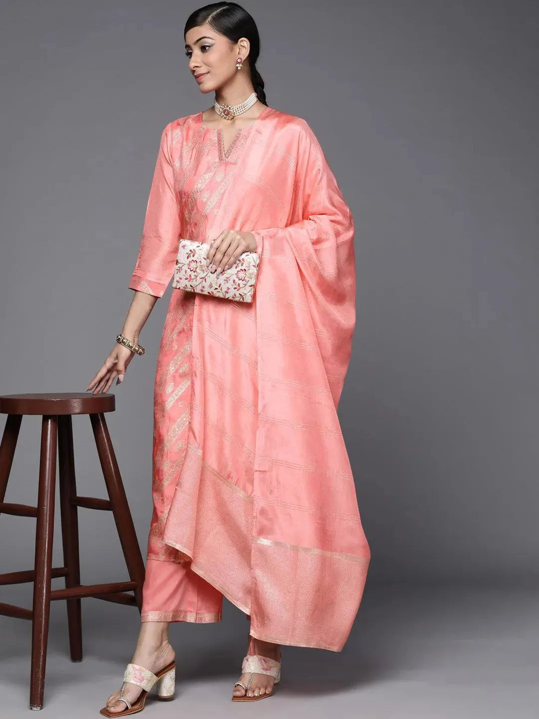 Peach Woven Design Silk Blend Straight Kurta With Palazzos & Dupatta - Libas 