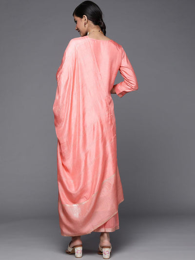 Peach Woven Design Silk Blend Straight Kurta With Palazzos & Dupatta - Libas
