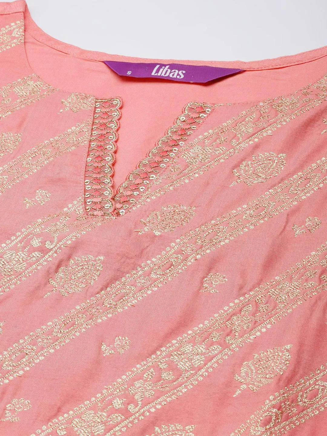 Peach Woven Design Silk Blend Straight Kurta With Palazzos & Dupatta - Libas 