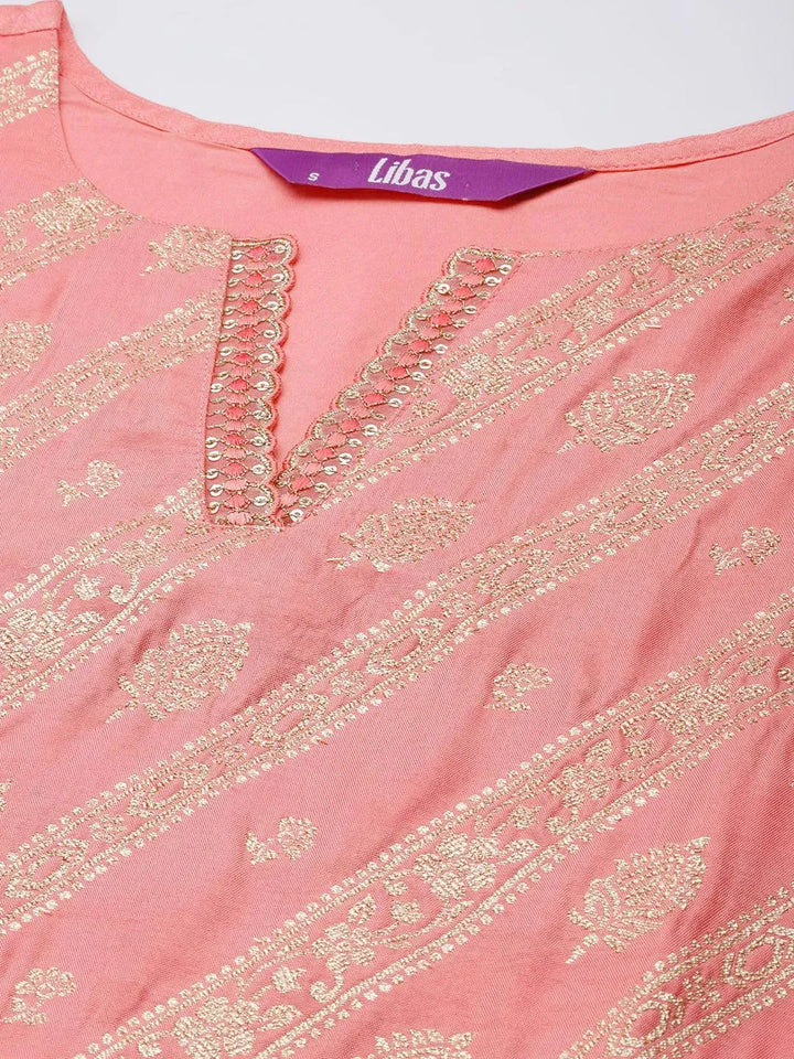 Peach Woven Design Silk Blend Straight Kurta With Palazzos & Dupatta - Libas