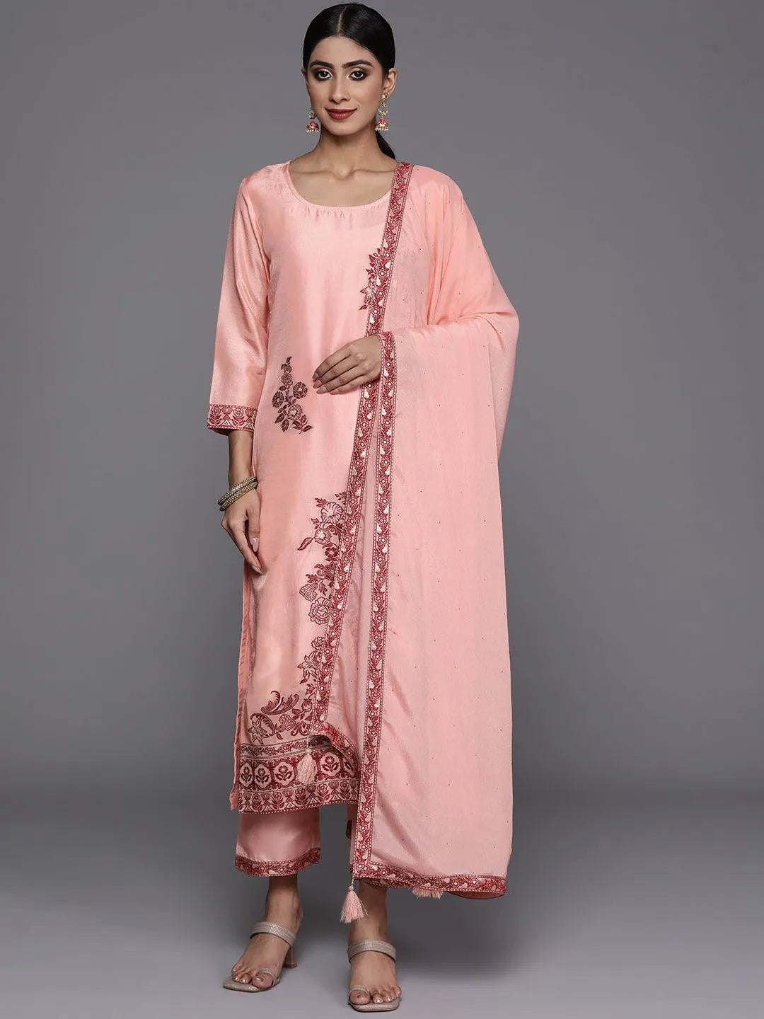 libas Peach Woven Design Silk Blend Straight Kurta With Trousers & Dupatta-picture-13