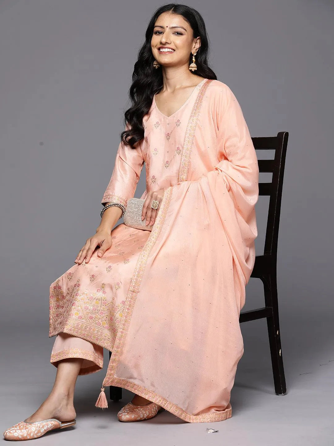 Peach Woven Design Silk Blend Straight Kurta With Trousers & Dupatta - Libas
