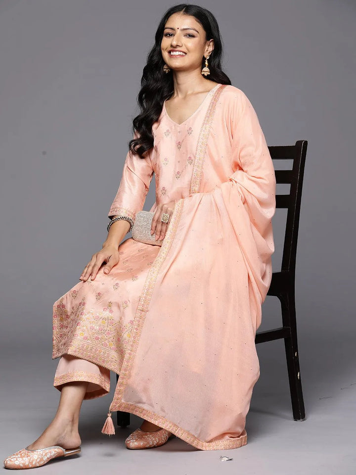 Peach Woven Design Silk Blend Straight Kurta With Trousers & Dupatta - Libas