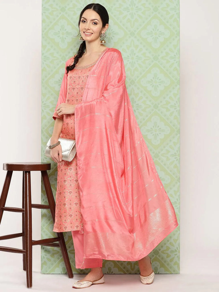 Libas Peach Woven Design Silk Blend Straight Suit With Dupatta