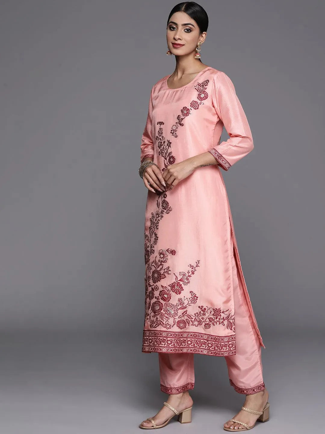 Peach Woven Design Silk Blend Straight Kurta With Trousers & Dupatta - Libas 