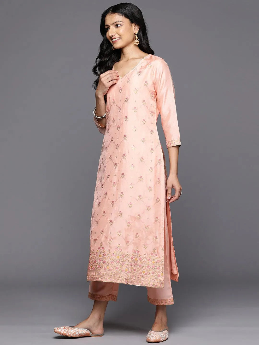 Peach Woven Design Silk Blend Straight Kurta With Trousers & Dupatta - Libas 