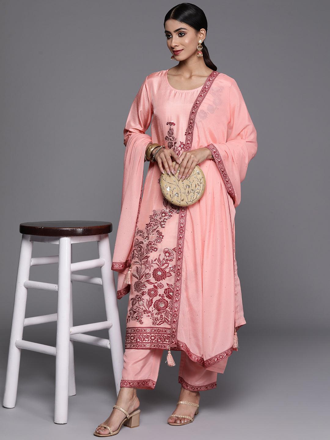 Peach Woven Design Silk Blend Straight Kurta With Trousers & Dupatta
