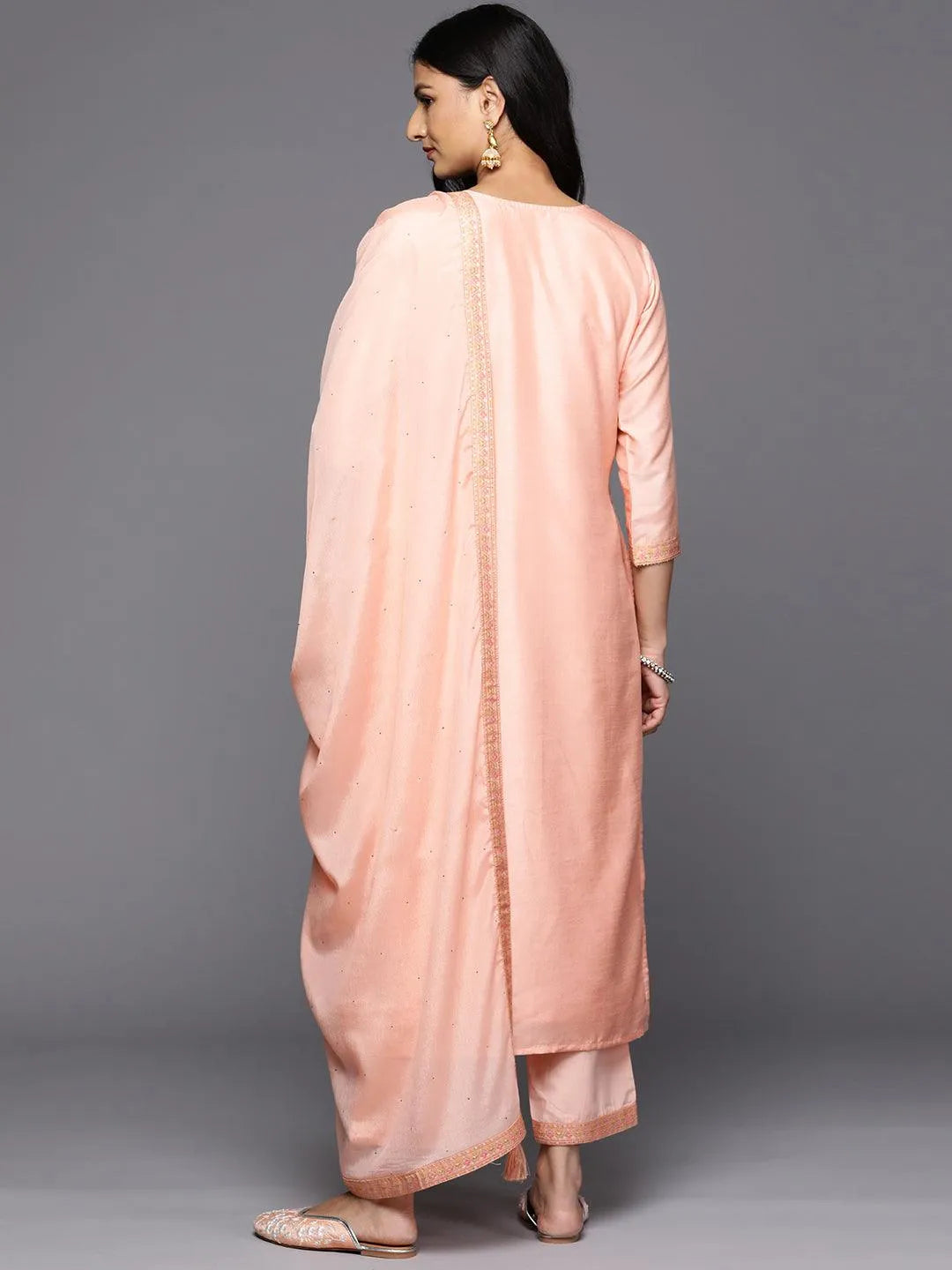 Peach Woven Design Silk Blend Straight Kurta With Trousers & Dupatta - Libas 