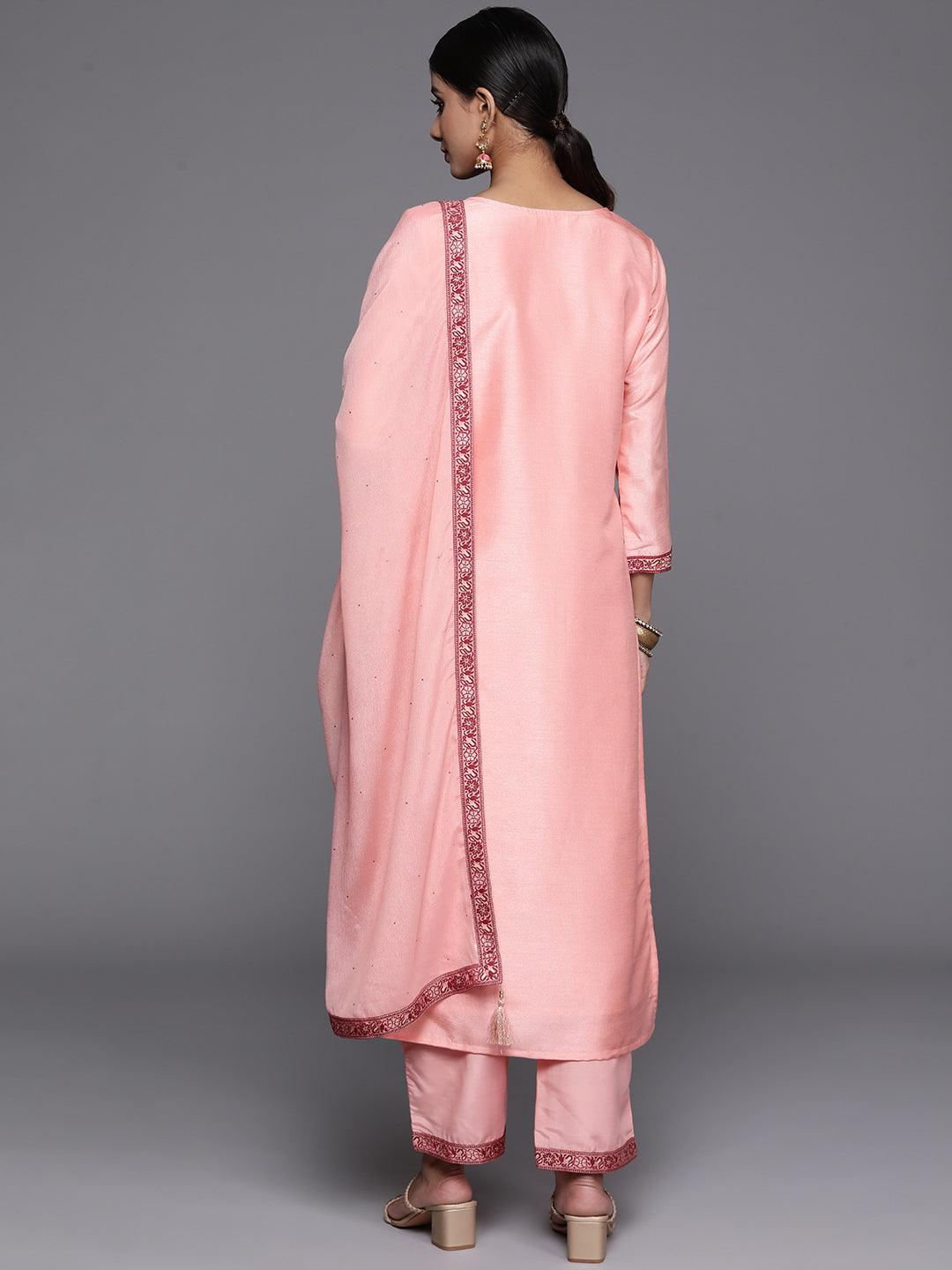 Peach Woven Design Silk Blend Straight Kurta With Trousers & Dupatta