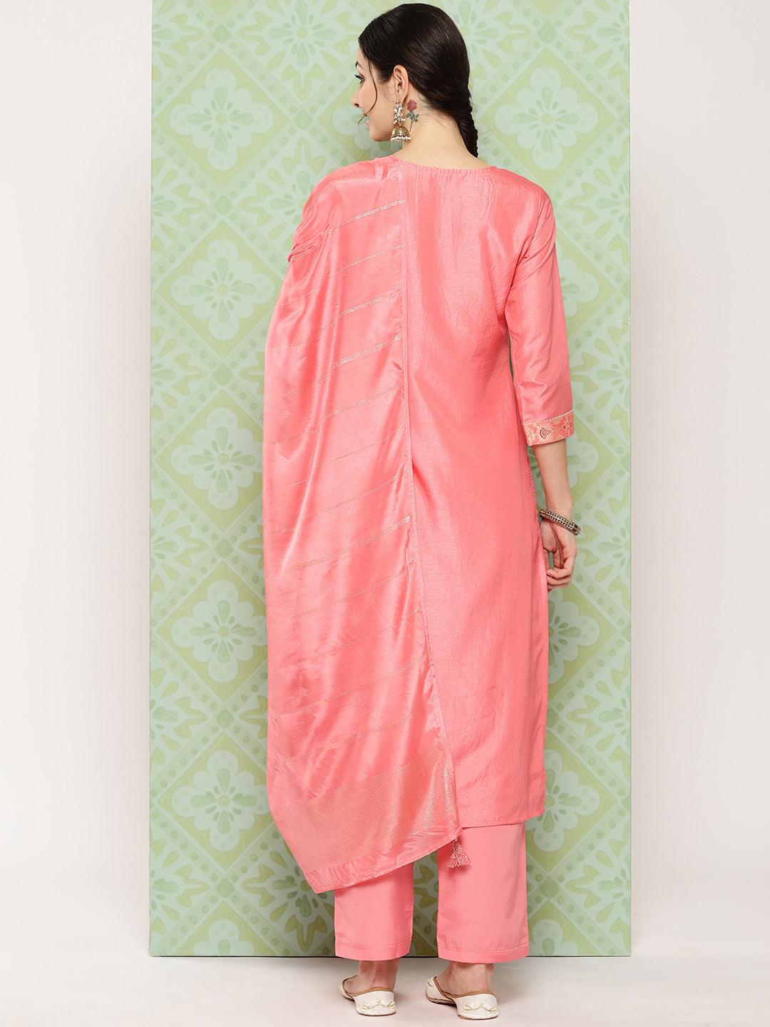 Peach Woven Design Silk Blend Straight Suit With Dupatta
