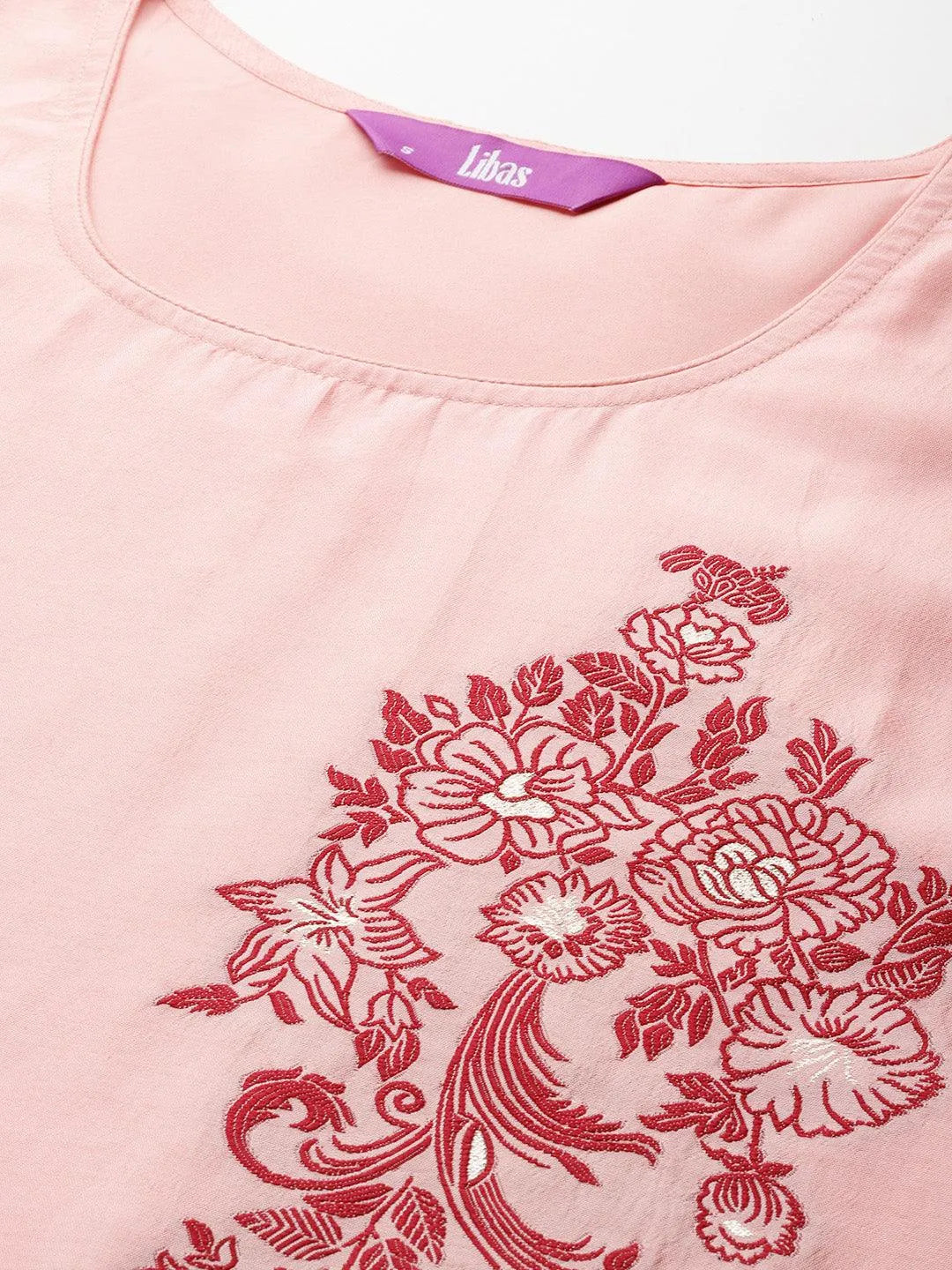 Peach Woven Design Silk Blend Straight Kurta With Trousers & Dupatta - Libas 
