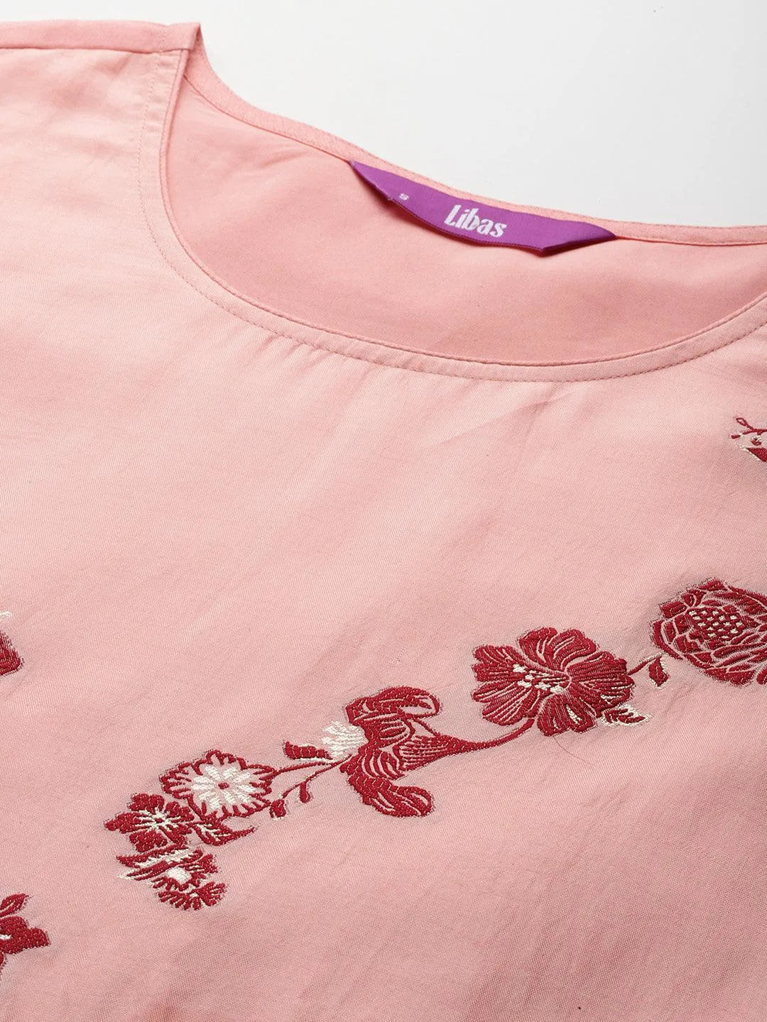 Peach Woven Design Silk Blend Straight Kurta With Trousers & Dupatta - Libas 