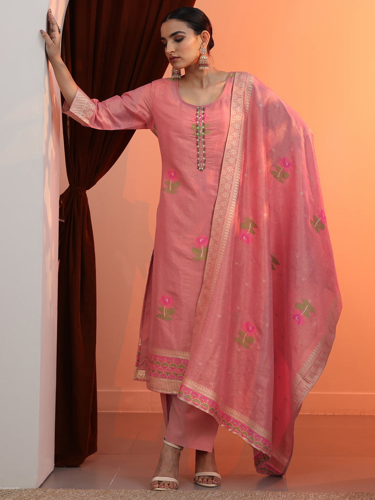 Libas Peach Woven Design Silk Blend Straight Suit Set With Dupatta