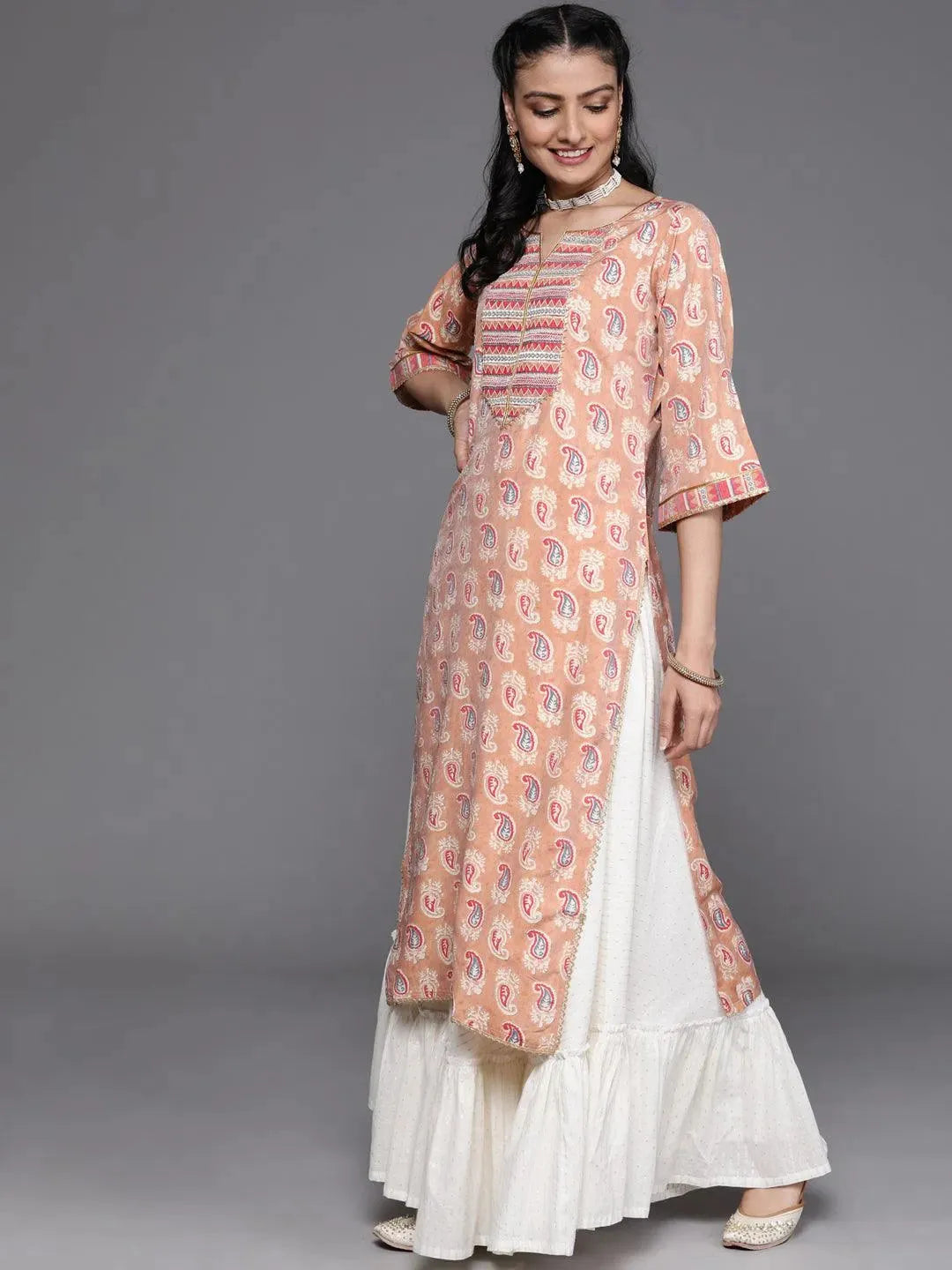 Peach Yoke Design Chanderi Silk Kurta - Libas 