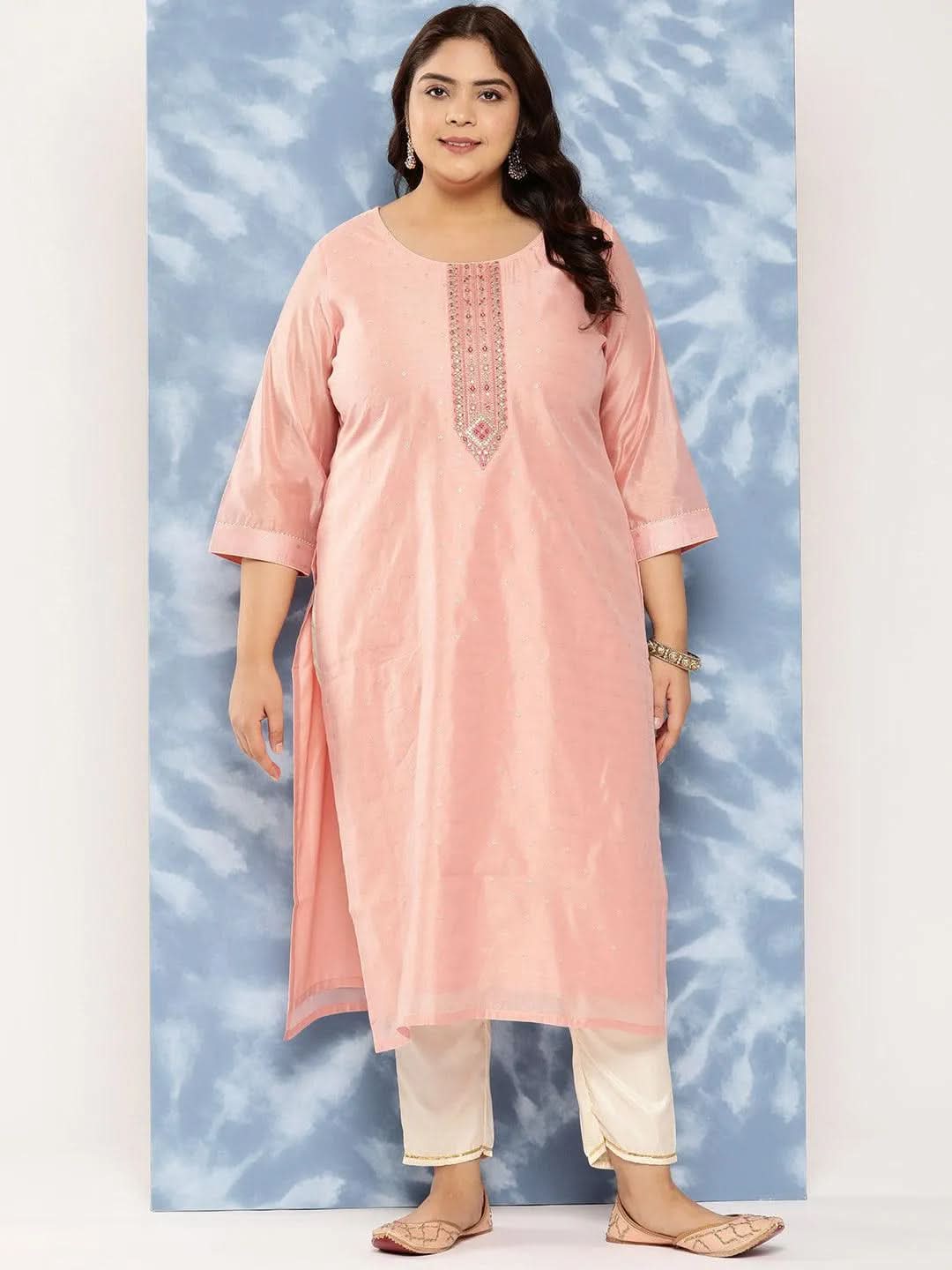 Peach Yoke Design Chanderi Silk Straight Kurta - Libas 
