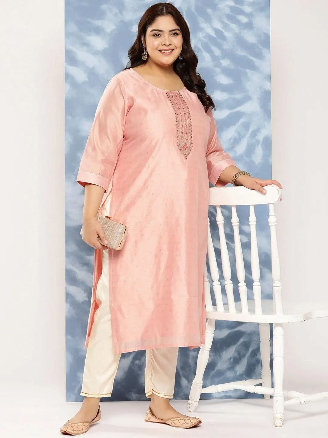 Peach Yoke Design Chanderi Silk Straight Kurta - Libas 