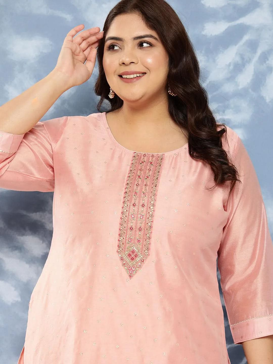 Peach Yoke Design Chanderi Silk Straight Kurta - Libas 