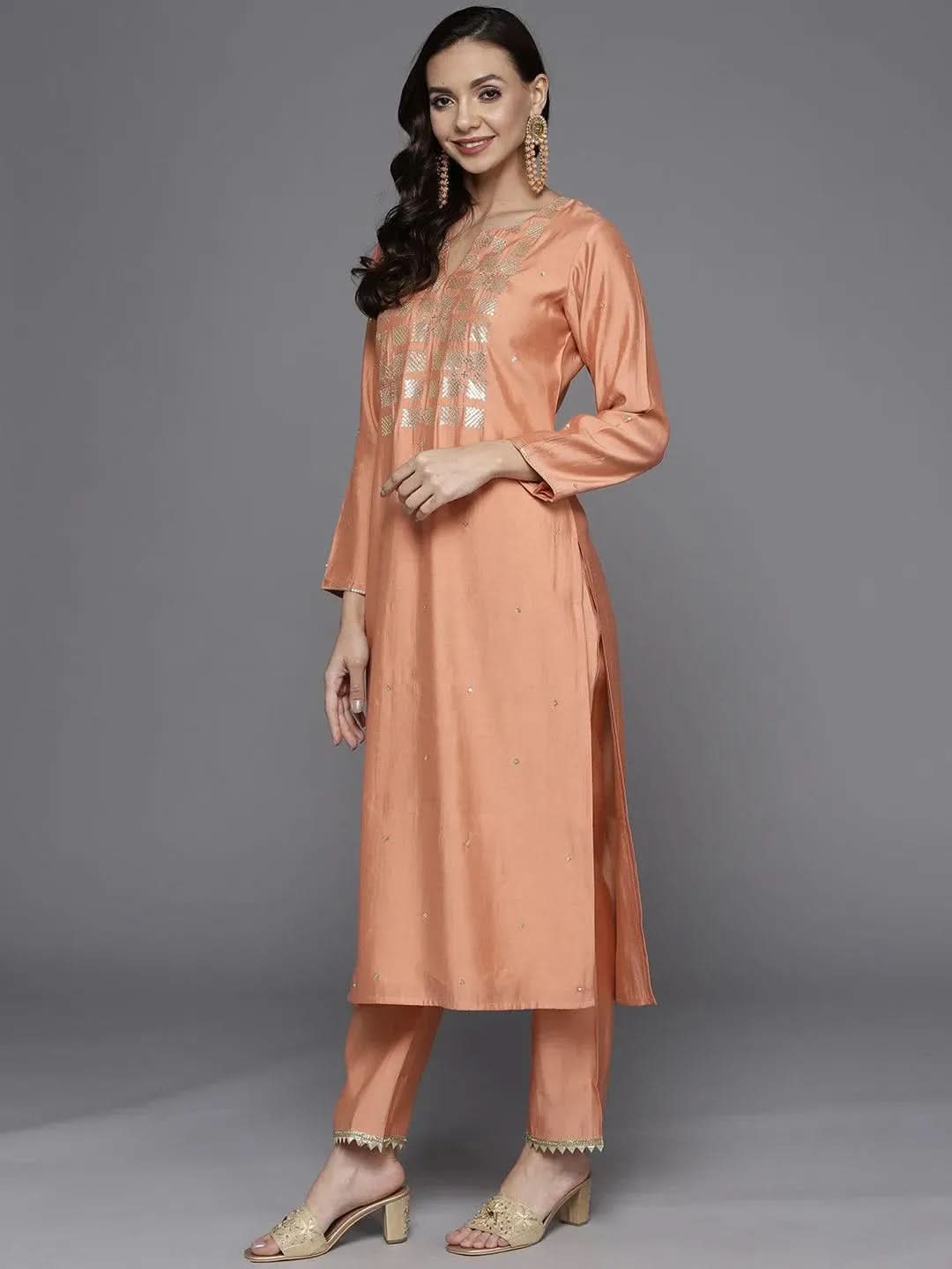 

Peach Yoke Design Chanderi Silk Straight Kurta With Dupatta