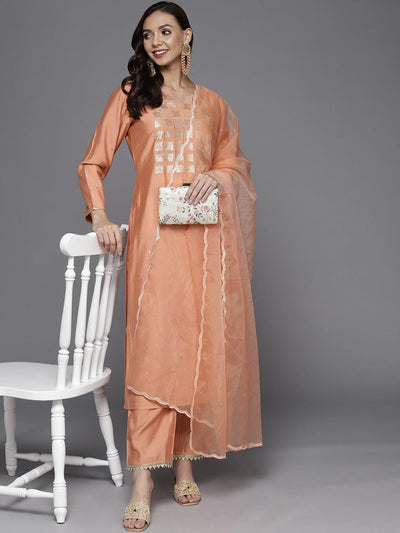 Peach Yoke Design Chanderi Silk Straight Suit Set - Libas