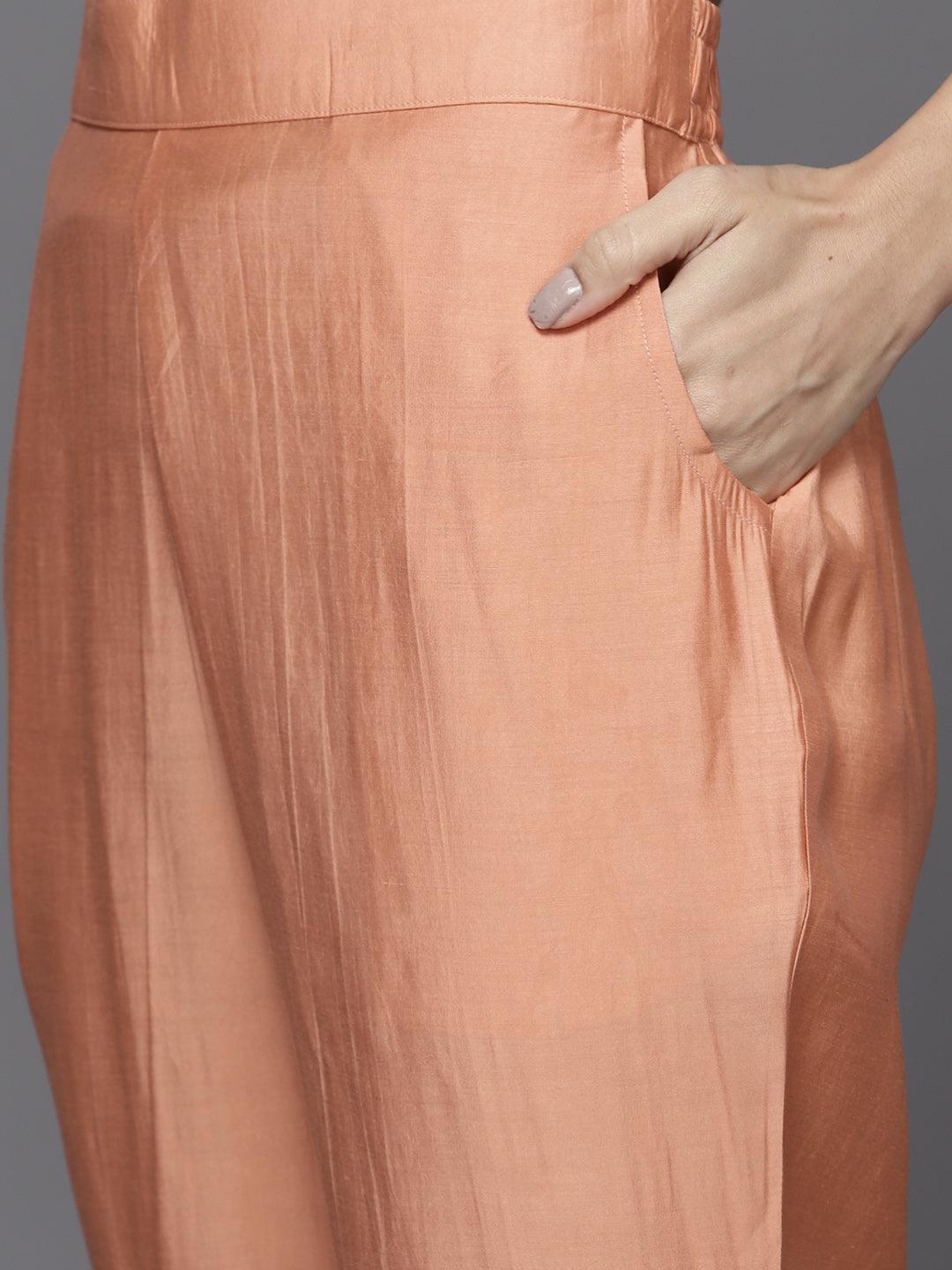 Peach Yoke Design Chanderi Silk Straight Suit Set - Libas