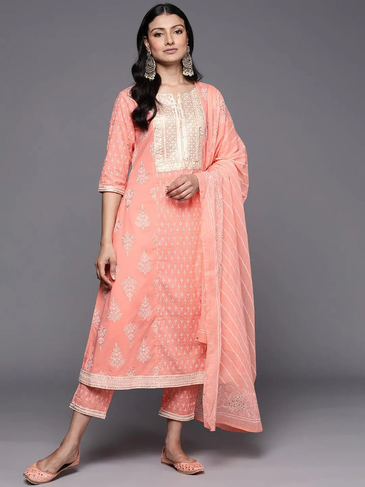 Peach Yoke Design Cotton A-Line Suit Set With Trousers - Libas