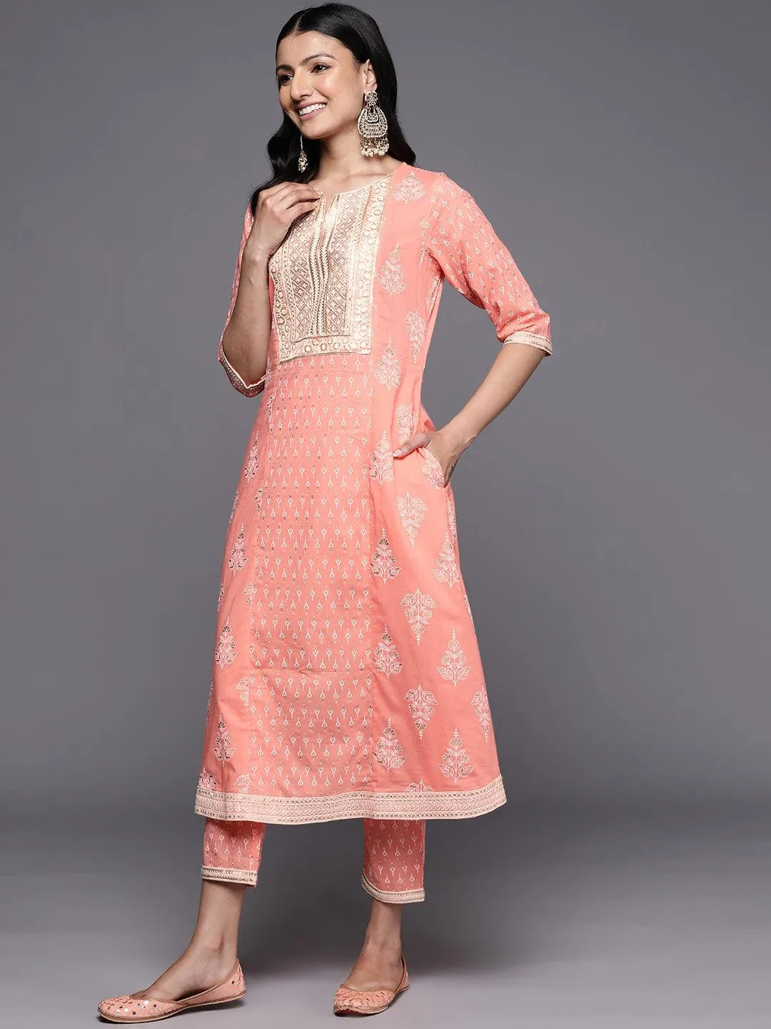 Peach Yoke Design Cotton A-Line Suit Set With Trousers - Libas 