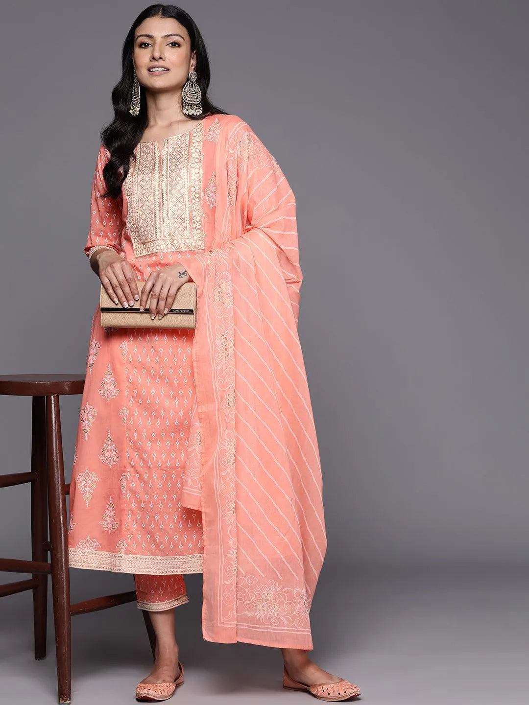 Peach Yoke Design Cotton A-Line Suit Set With Trousers - Libas 