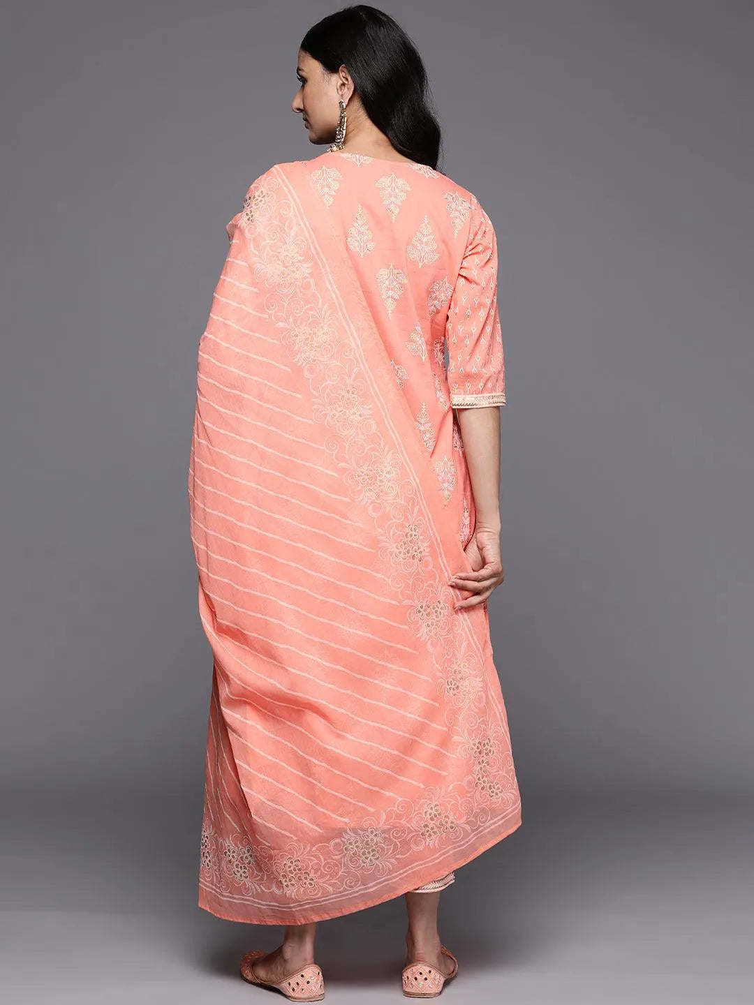 Peach Yoke Design Cotton A-Line Suit Set With Trousers - Libas 