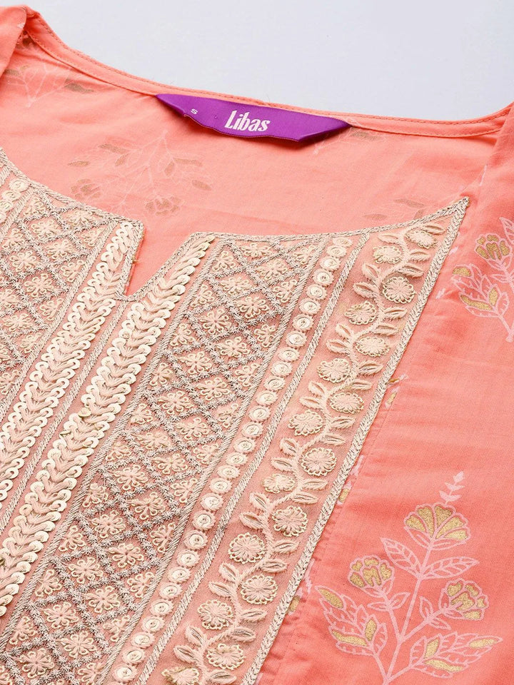 Peach Yoke Design Cotton A-Line Suit Set With Trousers - Libas