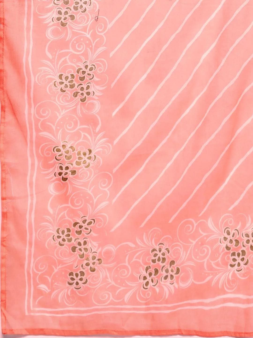 

Peach Yoke Design Cotton A-Line Kurta With Trousers & Dupatta