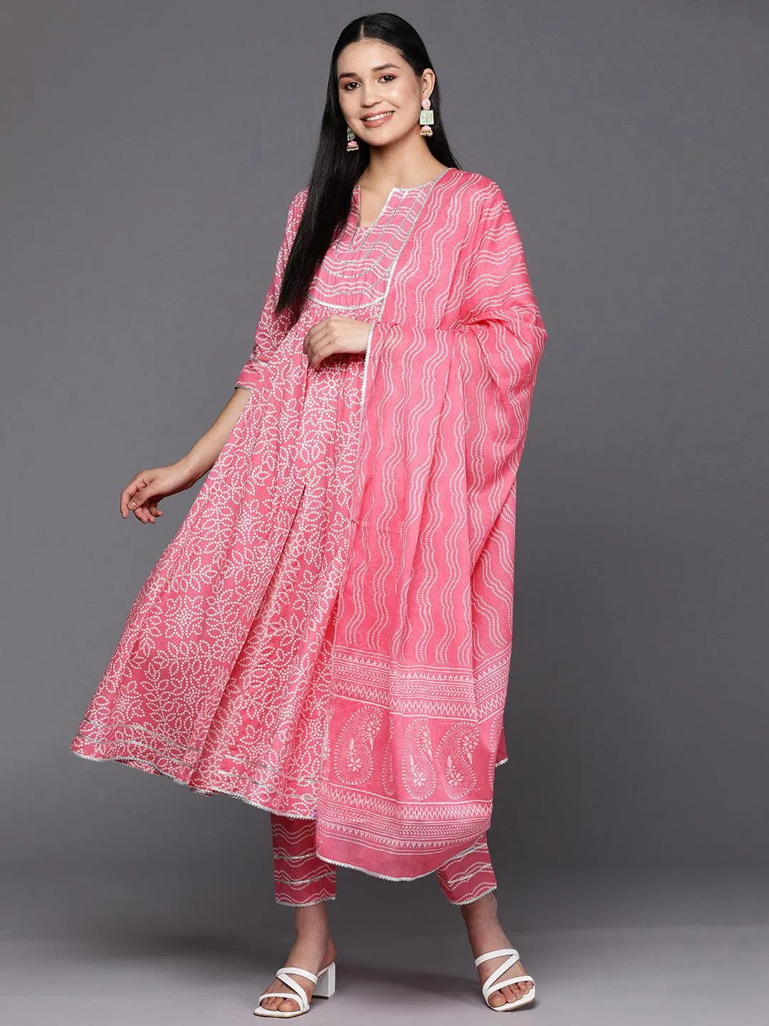 Peach Yoke Design Cotton Anarkali Suit Set With Trousers - Libas