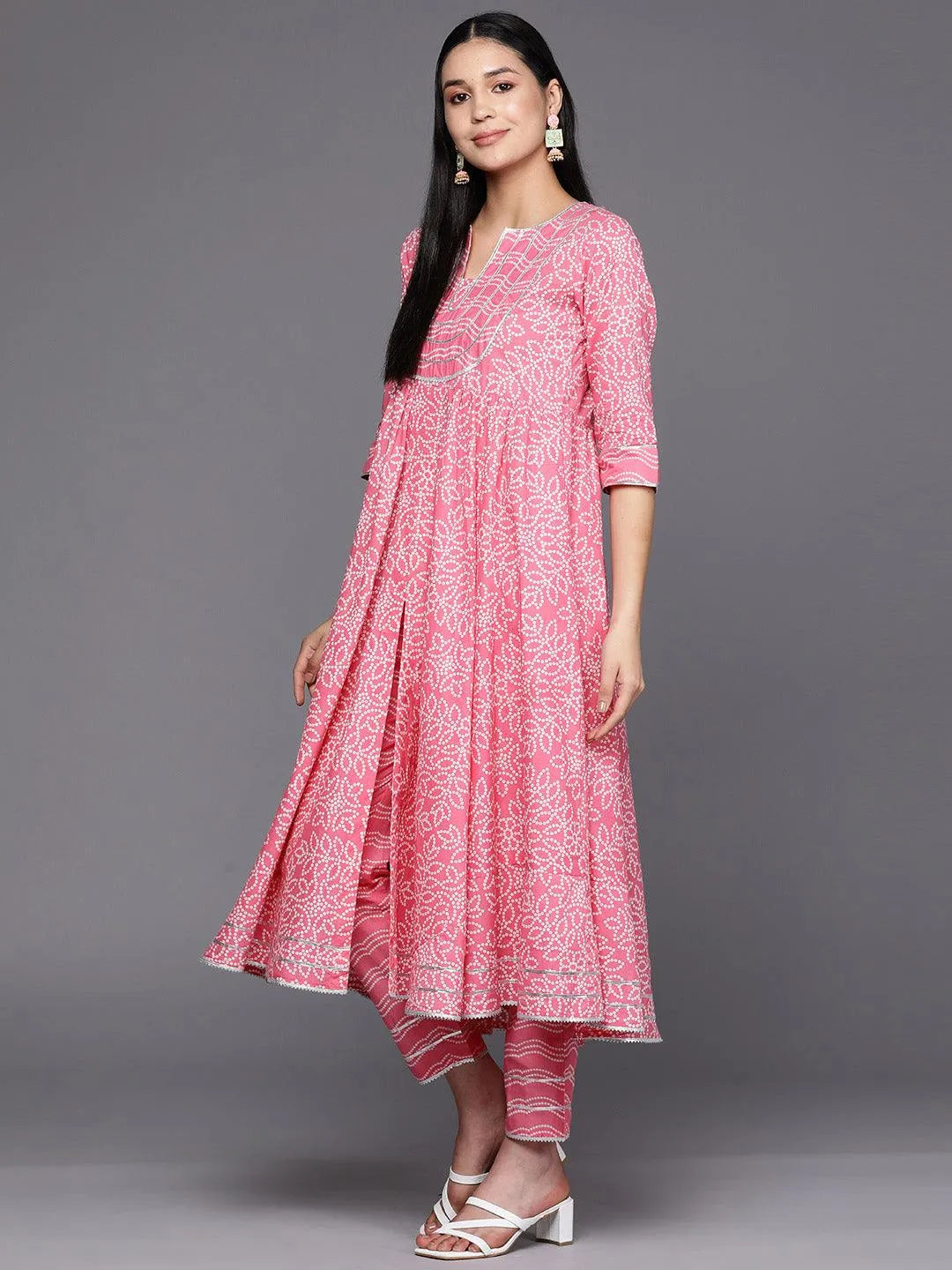 Peach Yoke Design Cotton Anarkali Suit Set With Trousers - Libas