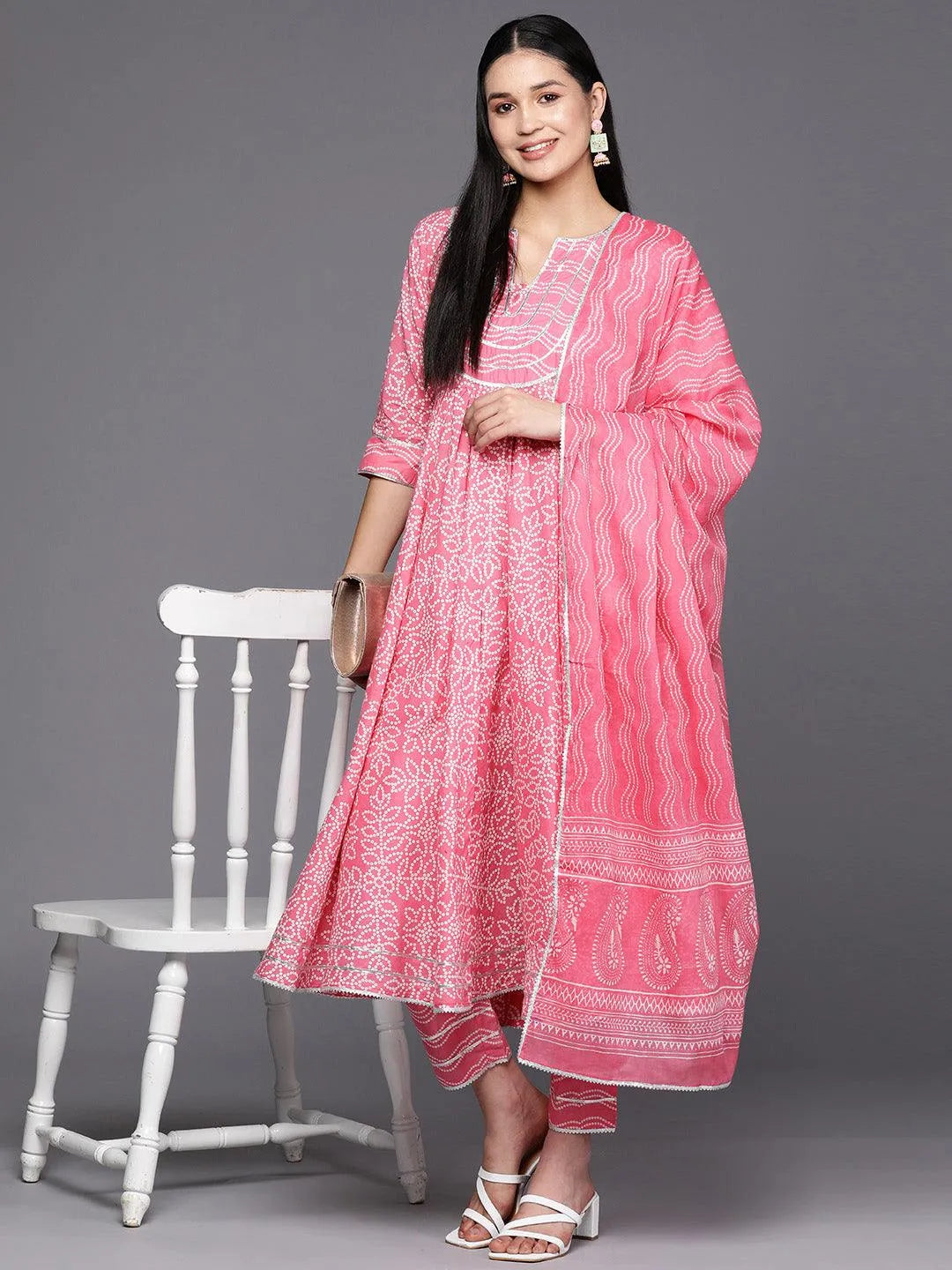 Peach Yoke Design Cotton Anarkali Suit Set With Trousers - Libas