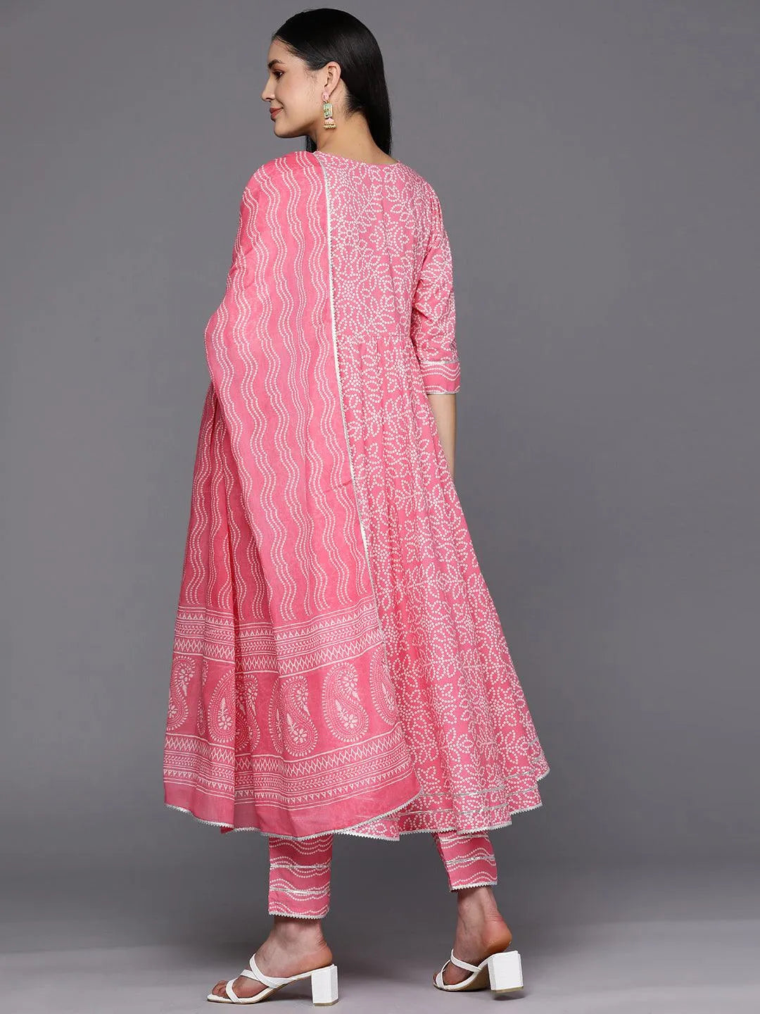 Peach Yoke Design Cotton Anarkali Suit Set With Trousers - Libas 