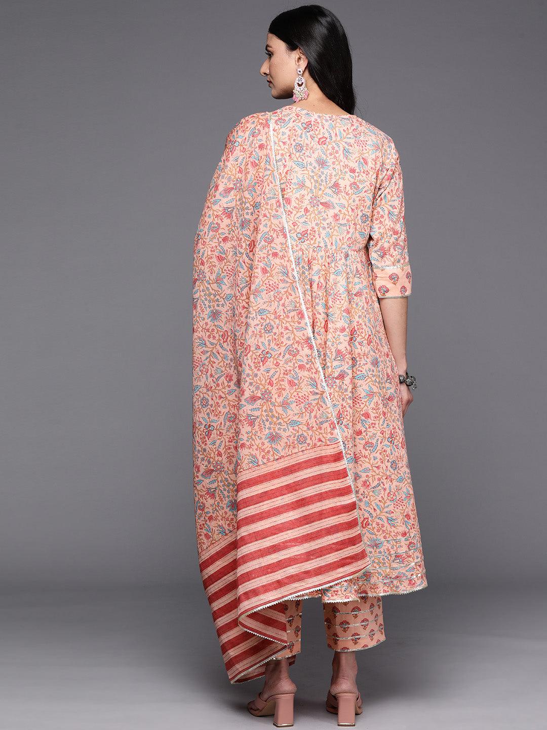 Peach Yoke Design Cotton Anarkali Suit Set With Trousers - Libas