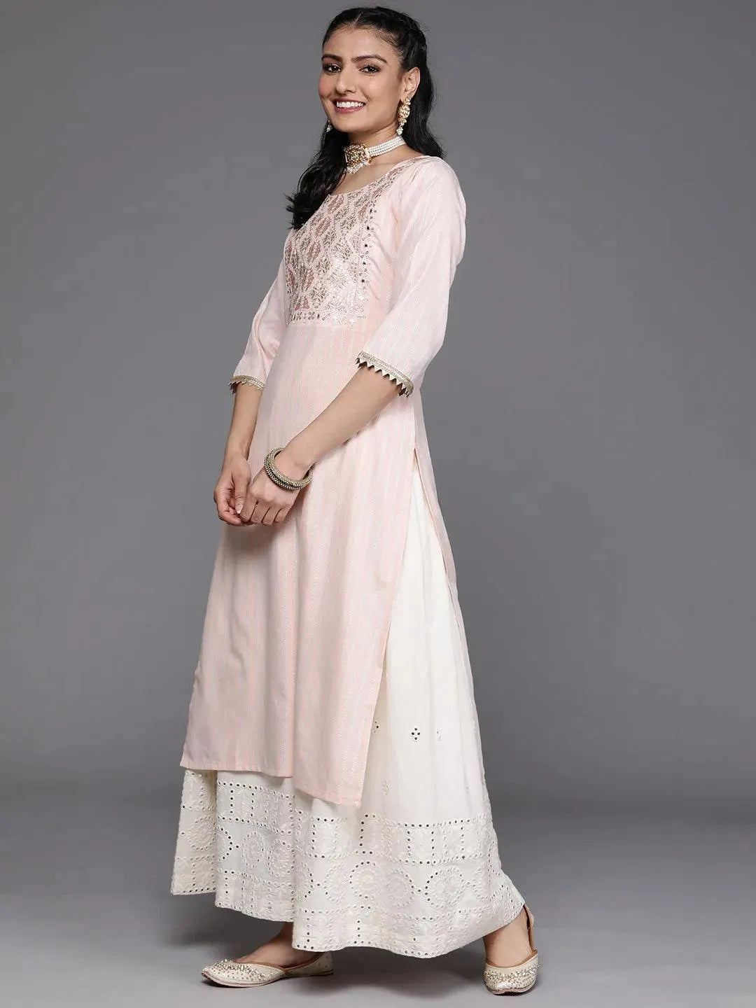 Peach Yoke Design Cotton Silk Kurta - Libas