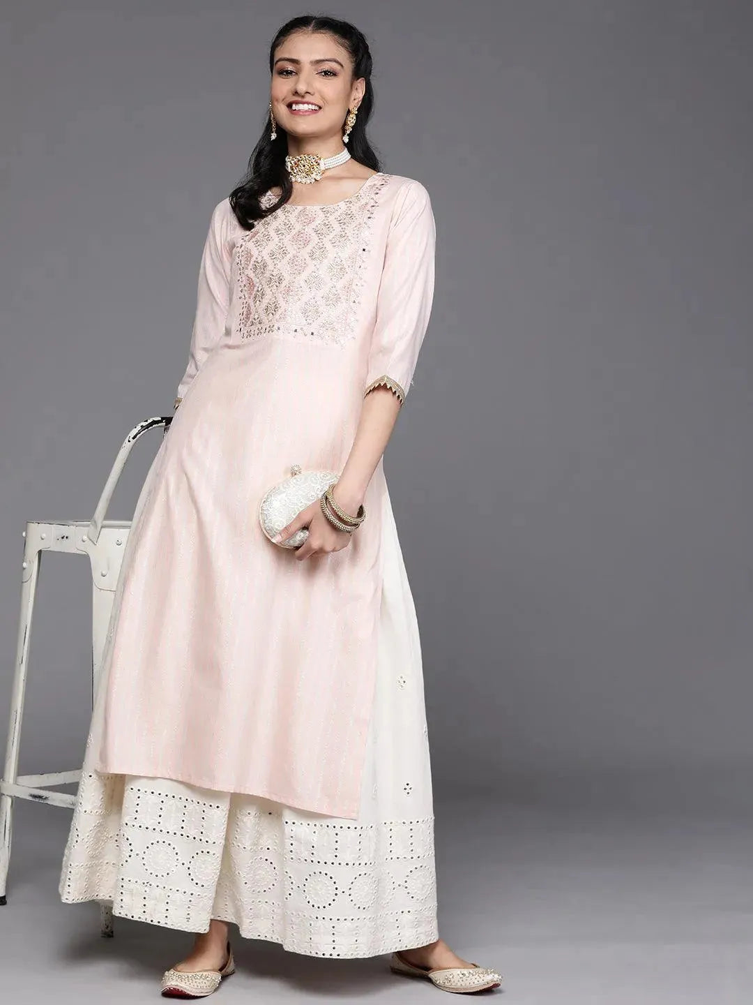 Peach Yoke Design Cotton Silk Kurta - Libas