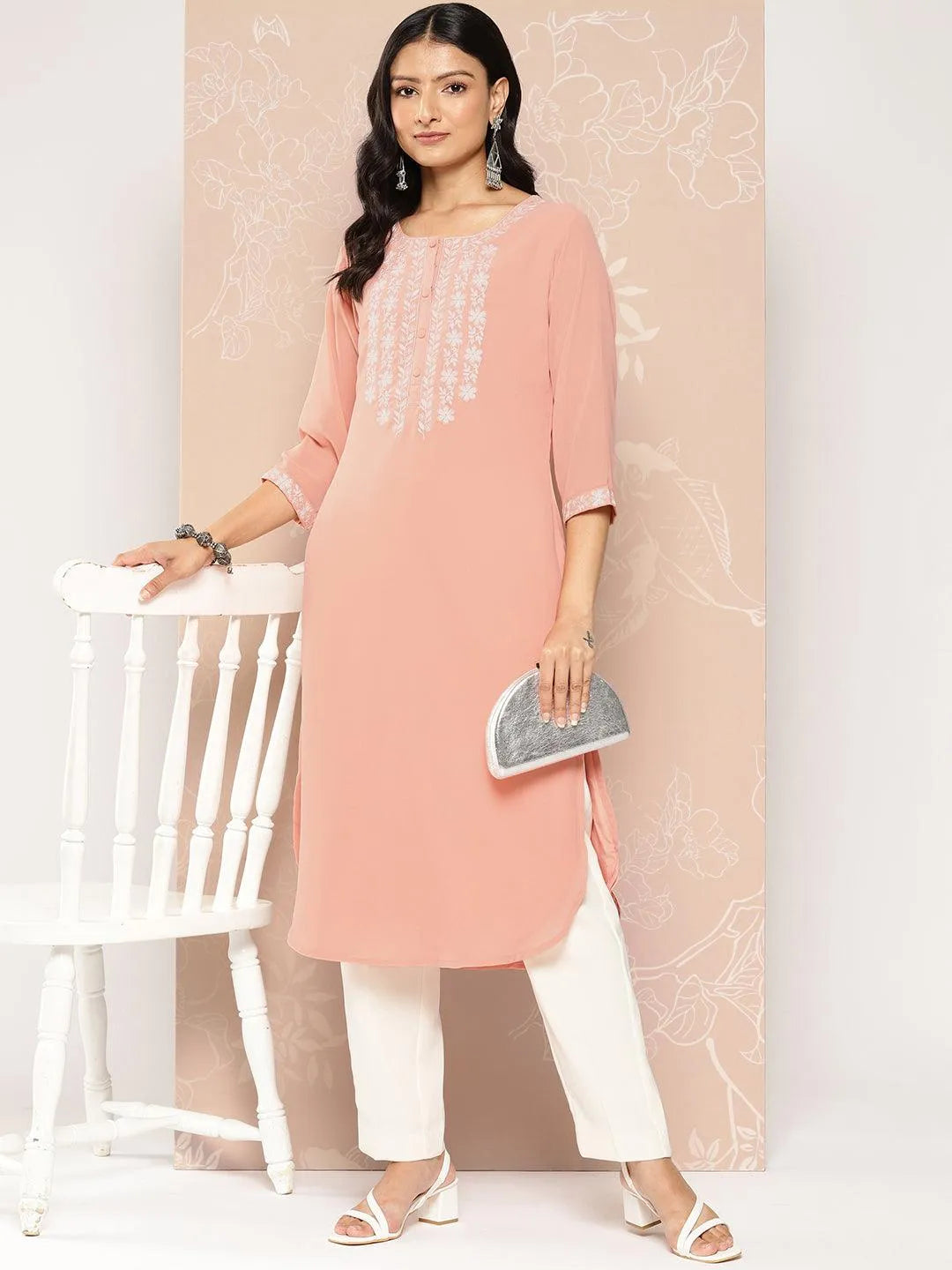 Peach Yoke Design Georgette Pathani Kurta